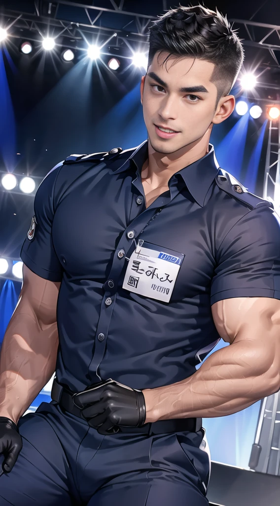 handsome man Lying down next to the stage ,(crew cut short hair:1.2),black eye,smile,open mouth (navy police uniform:1.2),(shirt short sleeves:1.2),collar,(shirt covered over:1.2),(name tag and Police badge:1.3),(shirt no buttons:1.1),(black_gloves:1.3), (Navy blue cargo:1.2),Korean guy,korean men,(High gloss details),(chest muscles:1.2),(large arm muscles:1.2),blood vessel,Big muscles,Broad shoulders,looking at the audience,Balancing the eyes,middle of the road,(stage:1.2),