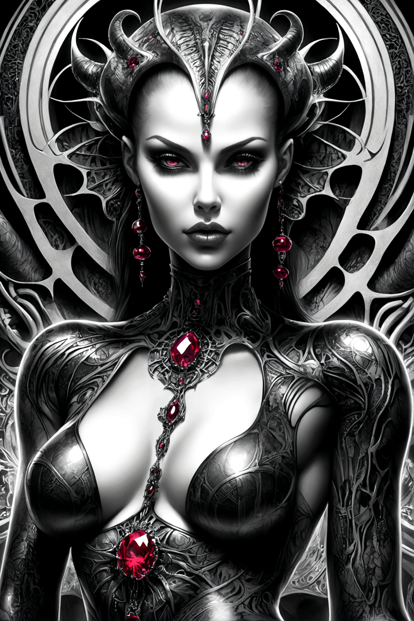 Create an image of Stunningly gorgeous beautiful perfect hr giger tattooed sexy seductive demonic girl, Stunningly gorgeous perfect flawless sexy face, hyper detailed neon ruby ornaments, large firm breasts, full body view, nude, no color black and gray only,