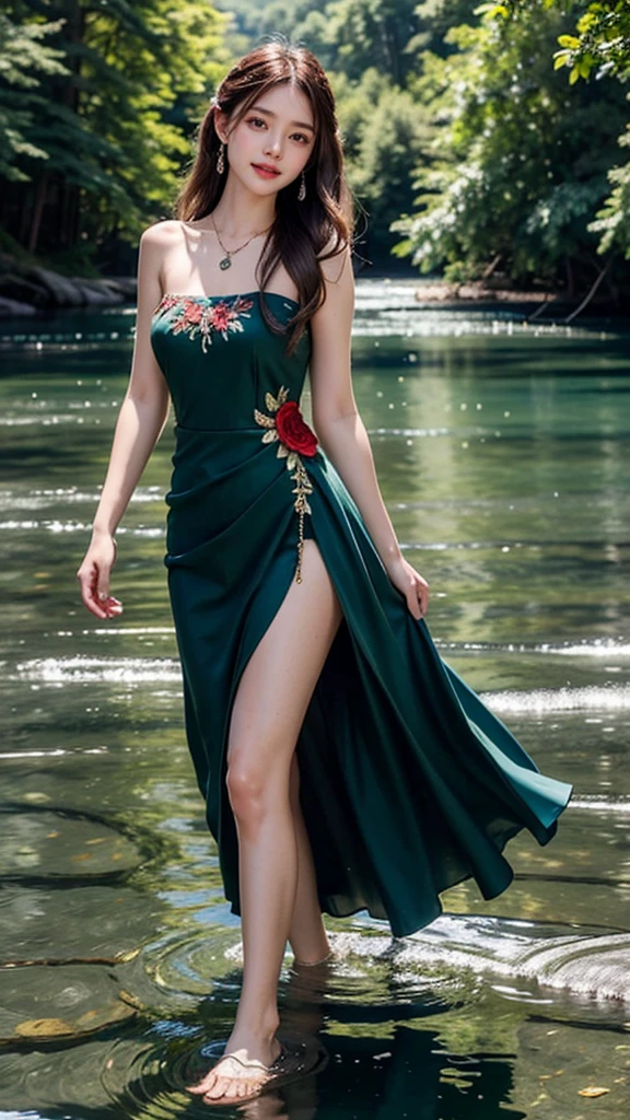 8K, ultra hd, masterpiece, very realistic, 1 girl, good face, very long hair, detailed eyes, detailed lips, super round medium breasts, Short Strapless Tulle Beads Prom Dress Green Mini Elegant 3D Flowers, ((pink,red,blue,black,green,meroon,purple,yellow colour random dress)), ((High resolution Dress Quality)), diamonds, jewellery, necklace, earring, lake, landscape, knees in water, Bridge, Forest , standing in lake water, Pine trees , Perfect body figure, Beautiful Smile, Cinematic photography, Sexy angles, Stylish poses, 4 Different poses, 64k , high resolution picture quality, very clear body figure, Flowers in hand, Flowers on Hair, walking in water, waterfalls
