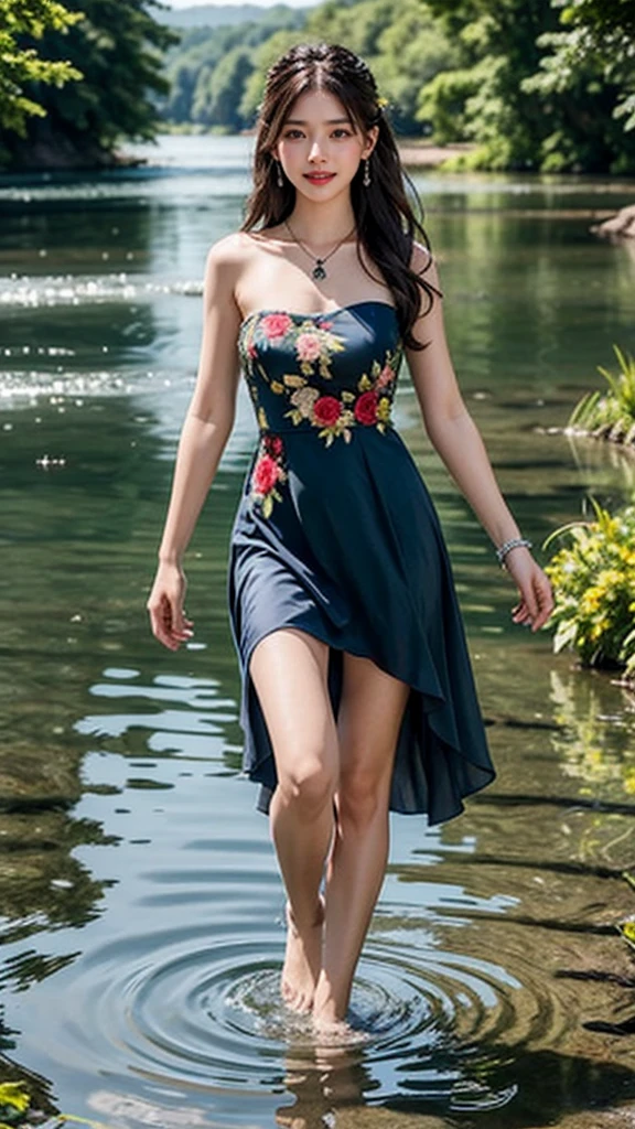 8K, ultra hd, masterpiece, very realistic, 1 girl, good face, very long hair, detailed eyes, detailed lips, super round medium breasts, Short Strapless Tulle Beads Prom Dress Green Mini Elegant 3D Flowers, ((pink,red,blue,black,green,meroon,purple,yellow colour random dress)), ((High resolution Dress Quality)), diamonds, jewellery, necklace, earring, lake, landscape, knees in water, Bridge, Forest , standing in lake water, Pine trees , Perfect body figure, Beautiful Smile, Cinematic photography, Sexy angles, Stylish poses, 4 Different poses, 64k , high resolution picture quality, very clear body figure, Flowers in hand, Flowers on Hair, walking in water, waterfalls