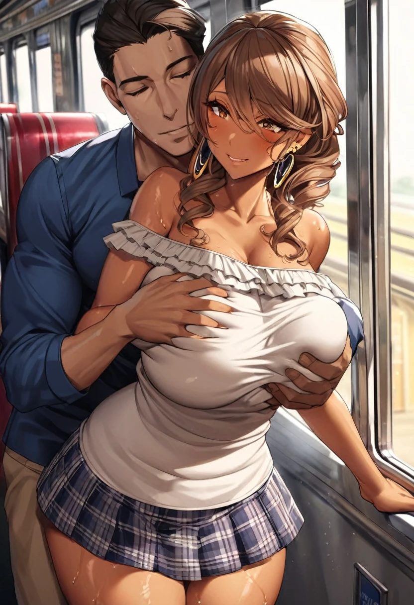 nsfw,hyperrealistic smooth anime,adult curvy gyaru,tanned gyaru,(young casual boy holding woman in arm and grabbing her breast from behind),dark brown hair,earring,off-the -shoulder plain blouse,patterned short skirt,(happy and aroused),at train,in heat,look at man,sideshot,sweaty