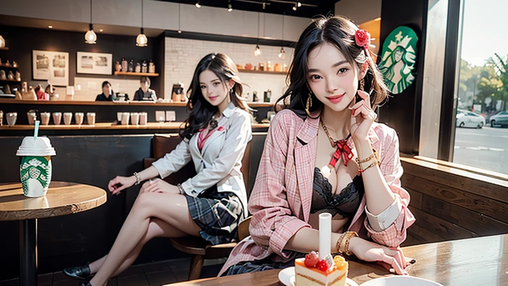 8K、RAW Photos、Highest quality、Super detailed、Super Resolution、Ultra HD、8K壁紙、Amazing details blazer uniform girl ((White blouse with formal collar, Pink Blazer,
Black plaid skirt, Red checkered ribbon on blouse)), Complete limbs, Full Finger,
(((((Inside the Starbucks store)))))、((16 year old female student))、(((((Eat cake、Drink coffee、smile)))))、(((Heart Necklace、Gold bracelet)))
(((Emphasize cleavage)))
((((Woman sitting at the window seat))))
(((Full body photo、The whole body is visible、Full body portrait)))
((((I can see the flower patterned bra))))