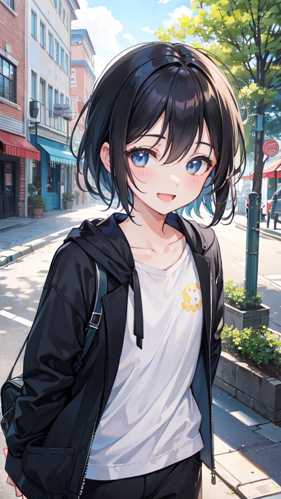 A happy talking to a boy on a street on a sunny day