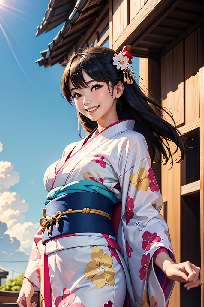 A beautiful smiling woman in a kimono greets people with a cheerful "Good morning" as her arms open under the blue sky