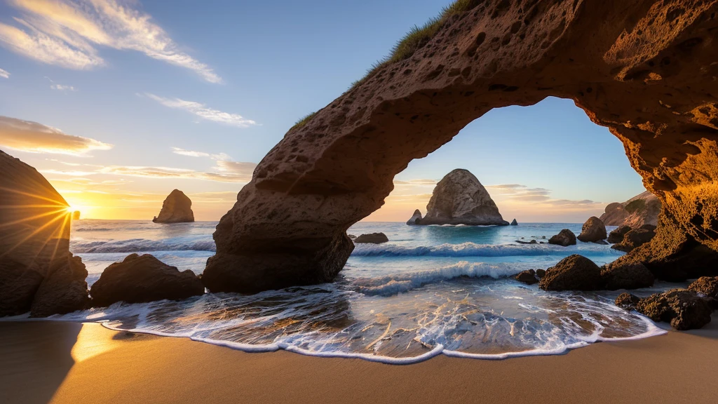 Highly detailed landscape, Keyhole Arch sunset, a natural arch cut into the rocks by the nearby pounding waves, is situated not far from a purple sand beach. Keyhole Rock at one of California's most beautiful beaches, Pfeiffer Beach