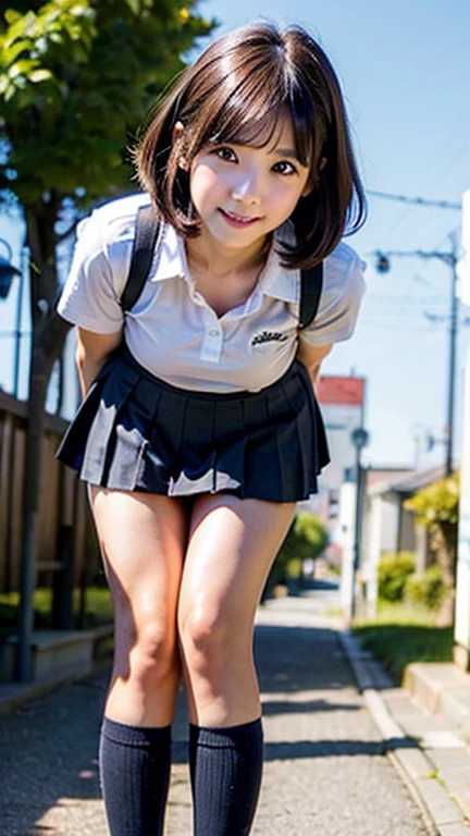 (Realistic, photo Realistic:1.2), ((Highest quality)), ((Fine grain、Beautiful Eyes、Beautiful Eyes))、I dare not wear clothes、Adjust the center of gravity of curls, Quite embarrassing, Tight Skirt,  (Pull-up skirt:1.3), black penny loafers, Beautiful facial details, Real human skin, Gentle expression, Angle from below, Realistic, photoRealistic, cute, Short skirt,  Deep in the schoolyard, cute school girl, Japan