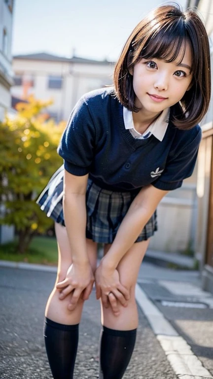 (Realistic, photo Realistic:1.2), ((Highest quality)), ((Fine grain、Beautiful Eyes、Beautiful Eyes))、I dare not wear clothes、Adjust the center of gravity of curls, Quite embarrassing, Tight Skirt,  (Pull-up skirt:1.3), black penny loafers, Beautiful facial details, Real human skin, Gentle expression, Angle from below, Realistic, photoRealistic, cute, Short skirt,  Deep in the schoolyard, cute school girl, Japan