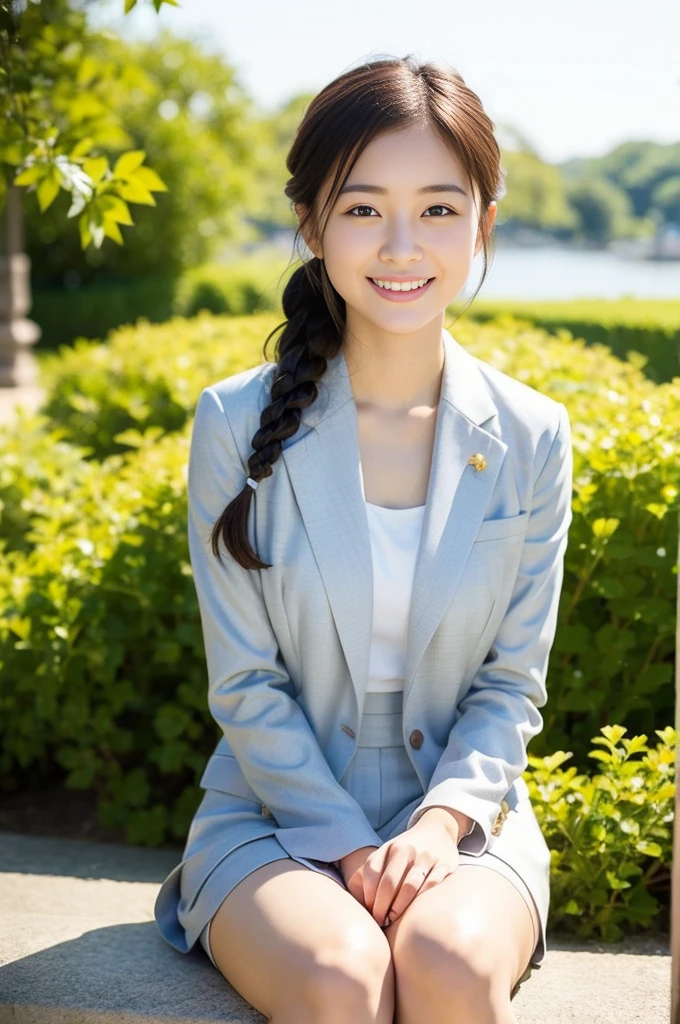 Pure Japanese girl, outstanding body, beautiful legs, wearing traditional suits, natural hairstyles, sweet smile, sitting, refreshing in early summer, composition from the front,