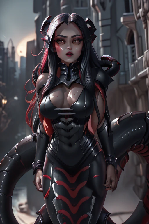 (Xenomorph from Alien:1.4), chitin-like, dark black, shining skin, hose-like tentacle as tail, hose-like tongue, human-like big breasts, in space ship, green shine, eggs in background, (best quality, 4k, 8k, highres, masterpiece:1.2), ultra-detailed, (realistic, photorealistic, photo-realistic:1.3), HDR, UHD, studio lighting, ultra-fine painting, sharp focus, physically-based rendering, extreme detail description, professional, vivid colors, bokeh, portraits, landscape, horror, anime, sci-fi, photography, concept artists, detailed eyes, detailed lips, long eyelashes.