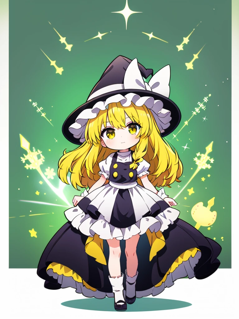 1girl,Black and White Witch,Witch hat,blonde hair,long hair,yellow eye,chibi,full body,green background,standing,cheerful girl,marisa