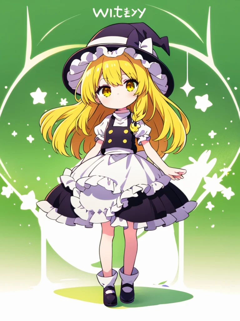 1girl,Black and White Witch,Witch hat,blonde hair,long hair,yellow eye,chibi,full body,green background,standing,cheerful girl,marisa