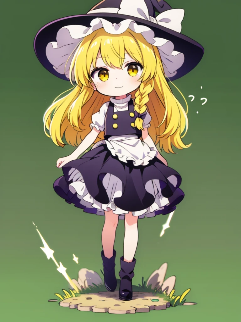 1girl,Black and White Witch,Witch hat,blonde hair,long hair,yellow eye,chibi,full body,green background,standing,cheerful girl,marisa