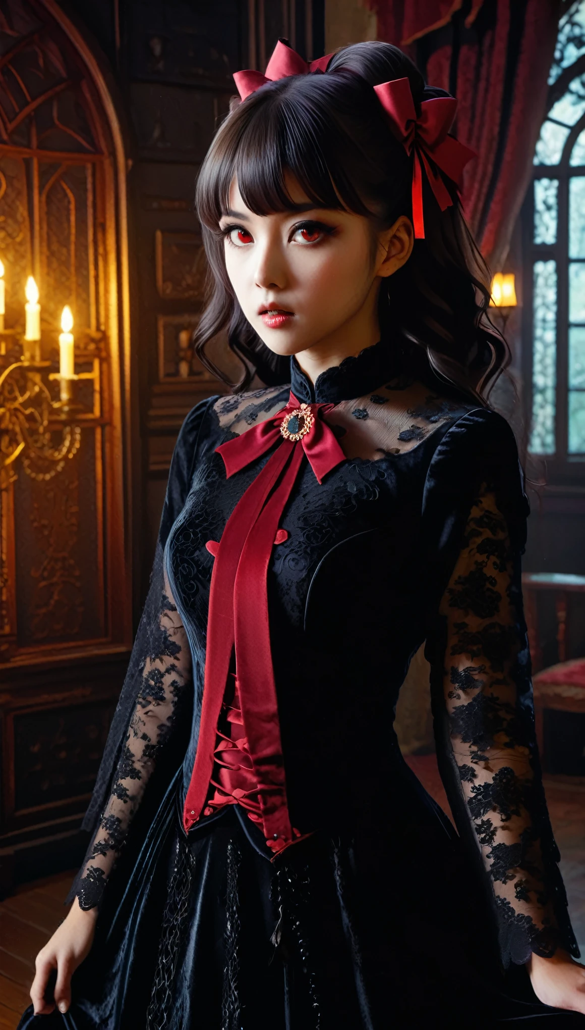 An highly detailed ultra realistic photo style of a girl in a Gothic ta cheongsam with lace and dark velvet fabric. She has dark, flowing hair with red ribbons, and her eyes are mysterious and haunting. The background is a dimly lit room with gothic furnishings and candlelight, creating a dark and elegant atmosphere