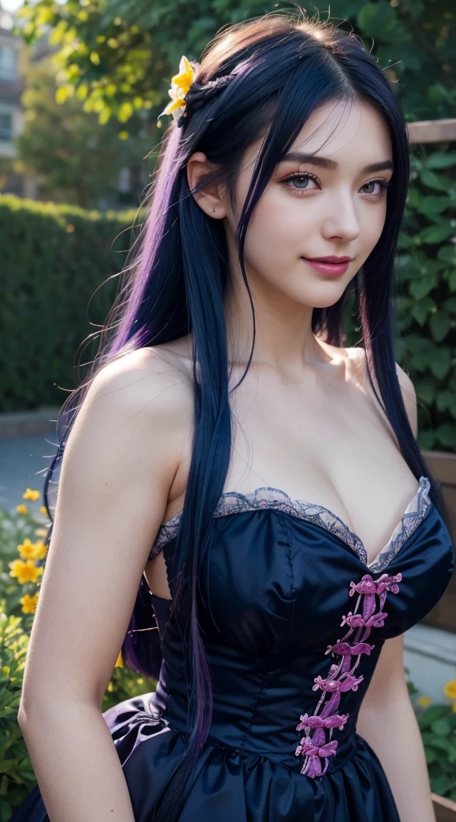 ((((nude)))),(Absurd, High resolution, Super detailed), masterpiece, Hinata(bolt), ((alone)), One girl,Medium chest, Long purple Victorian dress, Mouth closed, (((Long Hair))),Are standing, Bodice and skirt patterns, Frilled Skirt, race, Blinking blinking effect, (((Detailed lips))), garden, Pink and yellow flowers,  ((Realistic Skin)), Glowing Skin, ((Glossy Red Lips)), Purple eyes, Portraiture, beautiful, smile, (((Dark blue hair))), Bust Crop, Normal skin