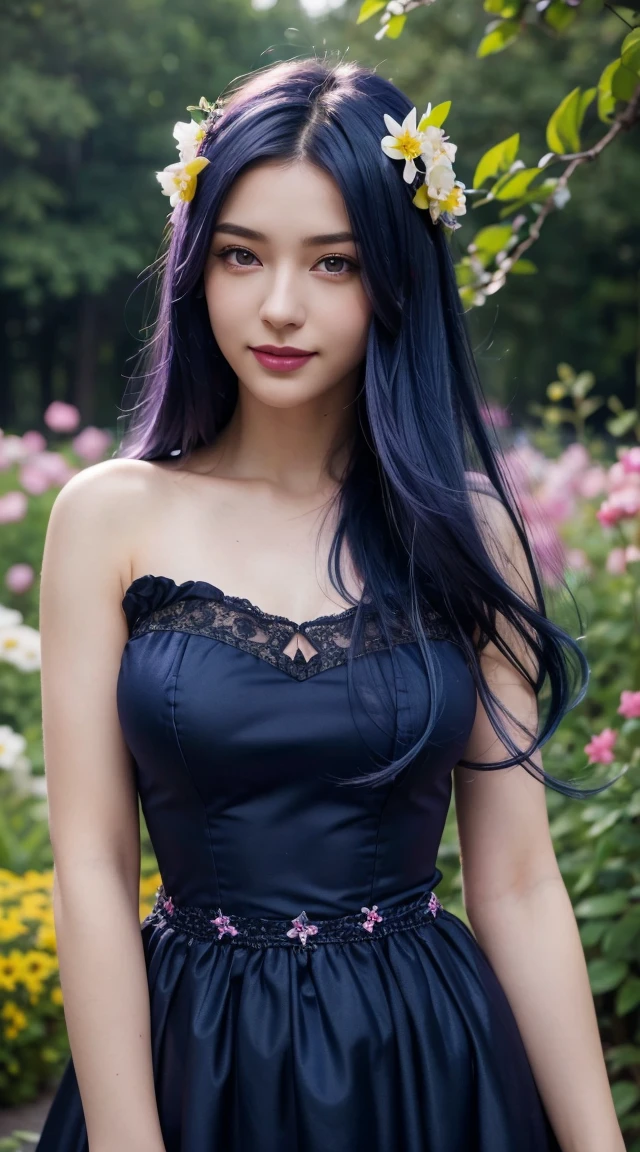(Absurd, High resolution, Super detailed), masterpiece, Hinata(bolt), ((alone)), One girl,Medium chest, Long purple Victorian dress, Mouth closed, (((Long Hair))),Are standing, Bodice and skirt patterns, Frilled Skirt, race, Blinking blinking effect, (((Detailed lips))), garden, Pink and yellow flowers,  ((Realistic Skin)), Glowing Skin, ((Glossy Red Lips)), Purple eyes, Portraiture, beautiful, smile, (((Dark blue hair))), Bust Crop, Normal skin
