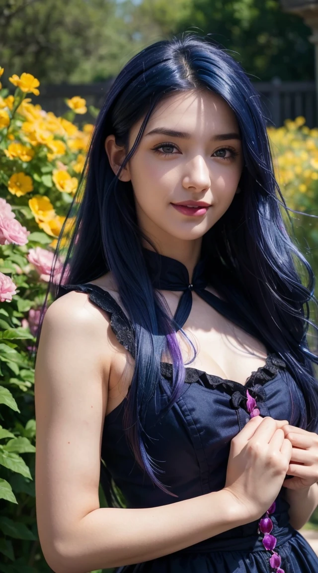 (Absurd, High resolution, Super detailed), masterpiece, Hinata(bolt), ((alone)), One girl,Medium chest, Long purple Victorian dress, Mouth closed, (((Long Hair))),Are standing, Bodice and skirt patterns, Frilled Skirt, race, Blinking blinking effect, (((Detailed lips))), garden, Pink and yellow flowers, ((Realistic Skin)), Glowing Skin, ((Glossy Red Lips)), Purple eyes, Portraiture, beautiful, smile, (((Dark blue hair))), Bust Crop, Normal skin