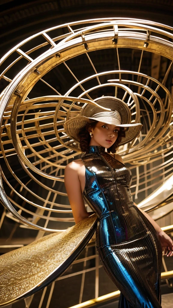 a woman in a dress made of metal spirals with a large hat made of a metal spiral