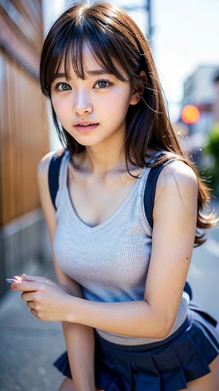 (Realistic, photo Realistic:1.2), ((Highest quality)), ((Detailed eyes、Beautiful Eyes、Fine Eyes))、Round Girl、Return the center of gravity, Quite embarrassing, Tight Skirt, (Pull-up skirt:1.3), Sleeveless, Beautiful face details, Real human skin, Gentle expression, angle from below, Realistic, photoRealistic, cute, Short skirt, deep on school grounds, cute school girl, Japan