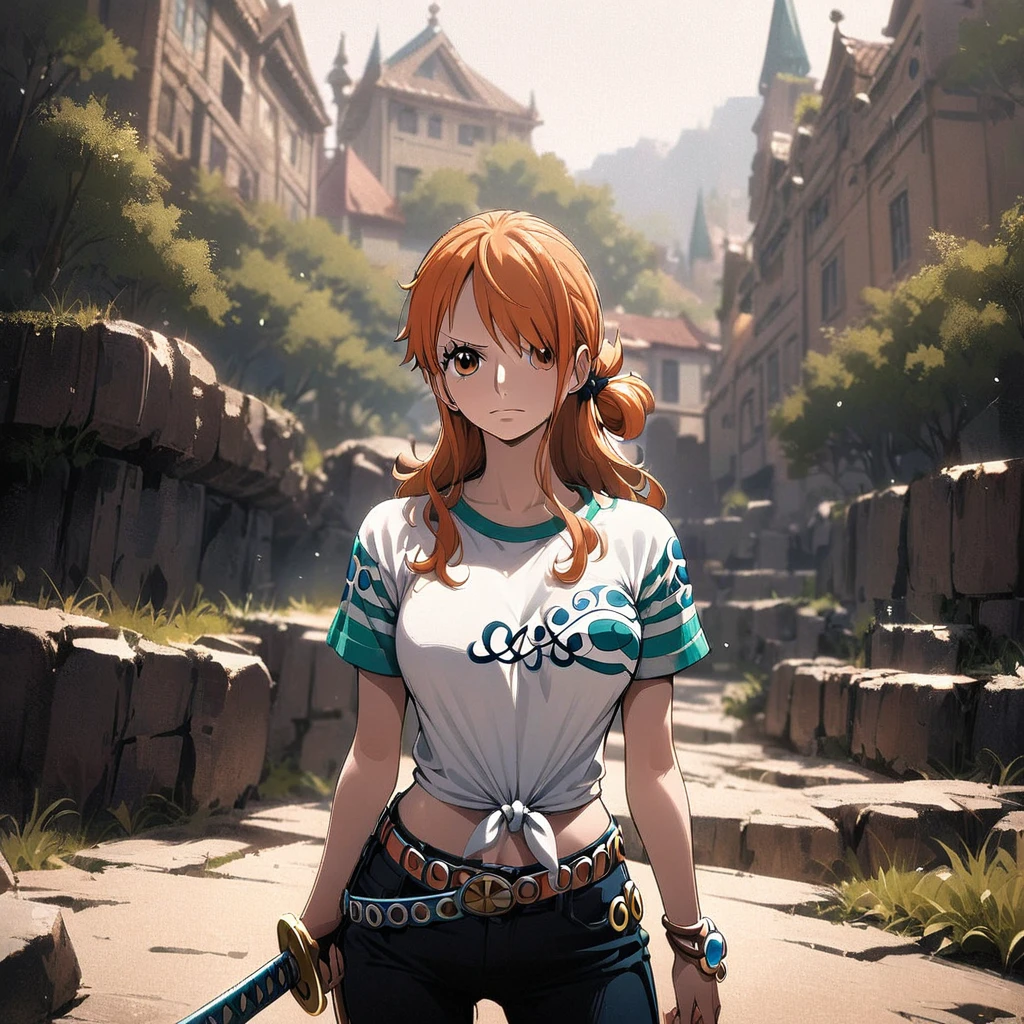 masterpiece, best quality), intricate details, 1 girl, woman, orange hair, nami \ (one piece\), (long hair), shirt, white shirt, black pant, court, female focus, nature, scenery, upper body, ((front view)) ((close up shot)) ((solo)) ((hair over one eyes)) detailed, very high resolution, no blurry image, full body, orange eyes, sligh wavy hair, ((nami from one piece)) ((female nami from one piece)), holding katana, (((hair tied up)) ((front view))