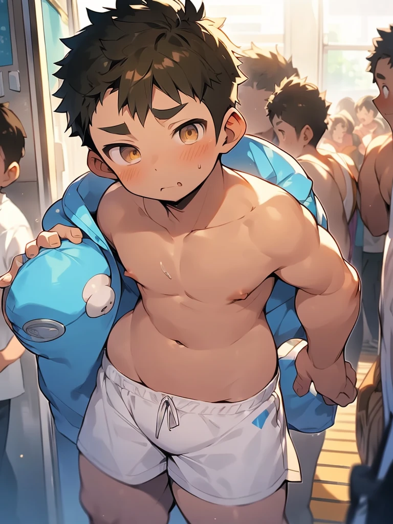 beautiful, ((chubby)), (very short hair),(tomboy), (breast) (pudgy face), (naughty) (high school students) , (plump), ((young)), (androgynous), (boyish), (handsome), (thick), (shota), ((overweight)), (by hinahara hajime), (by daichi kouta), (beefy), (nipples), (cute), (little brat), (naughty brat), (へそ), (ぽっちゃりした体), (belly)