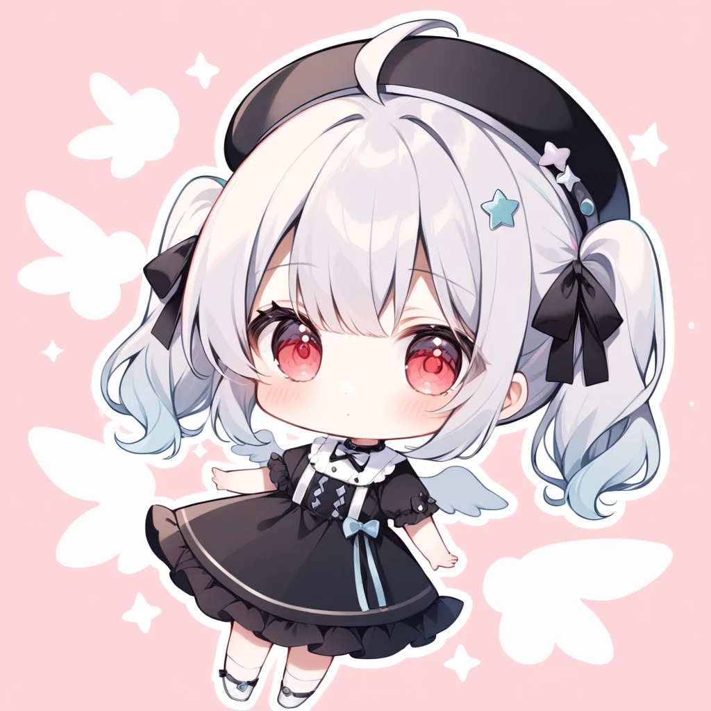pastel colors, chibi, (little angel:1.5), 1girl, red eye, twin tails, silver hair, ahoge, black ribbon, black dress