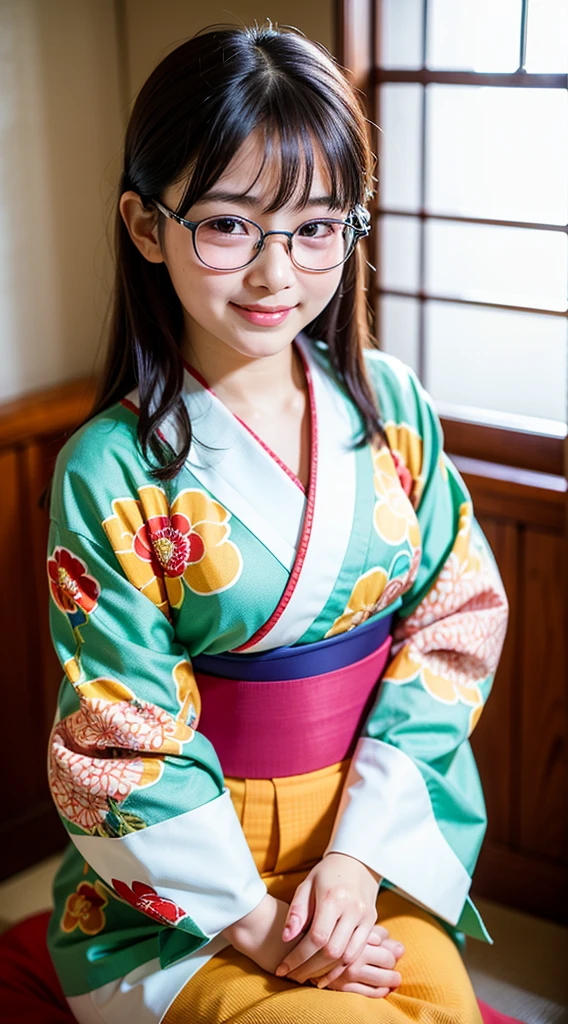 Highest quality, masterpiece, Ultra-high resolution, (Realistic:1.4), RAW Photos, Very detailed, Perfect Anatomy, 1 Girl, 15 years old, Most popular Japanese idols, Wearing a gorgeous Japanese kimono and cutely designed glasses, An innocent smile, Sitting upright in a traditional Japanese room, Very cute baby face like in Japan'The most famous idol, Amazingly beautiful big black and round eyes, very beautiful Realistic skin, Very beautiful short black hair, very beautiful big breasts, Gorgeous Japanese kimono with attention to detail, Cute glasses with detailed design, Beautiful face in every detail, Beautiful Eyes, Detailed and Realistic skin, thin black short cut hair, Traditional Japanese room with attention to detail