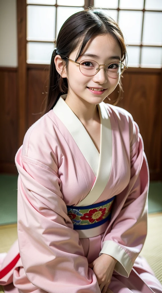 Highest quality, masterpiece, Ultra-high resolution, (Realistic:1.4), RAW Photos, Very detailed, Perfect Anatomy, 1 Girl, , Most popular Japanese idols, Wearing a gorgeous Japanese kimono and cutely designed glasses, An innocent smile, Sitting upright in a traditional Japanese room,  Very cute baby face lian&#39;The most famous idol, Amazingly beautiful big black and round eyes, very beautiful Realistic skin, Very beautiful short black hair, very beautiful big breasts, Gorgeous Japanese kimono with attention to detail, Cute glasses with detailed design, Beautiful face in every detail, Beautiful Eyes, Detailed and Realistic skin, thin black short cut hair, Traditional Japanese room with attention to detail