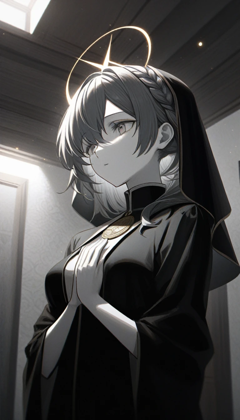 One poor girl, Pray to God at midnight, In an abandoned house, Light from the ceiling, Wearing a black robe, Taste of my sister, Small breasts, Waiting for Salvation, Close your eyes, God Bless, (icon), 32k, ((masterpiece, Highest quality, Ultra-detaileded, Very delicate and beautiful)), ((extremely detaileded CG unity 8k wallpaper)), ((Awards, Accurate, Ultra-high resolution, Textured skin, chromatic aberration, perfection anatomy, Golden Ratio)), (Concept Art), (exquisite attention to detailed), ((perfection_composition, perfection_design, perfection_Layout, perfection_detailed, Ultra_detaileded)), ((The harmony of beauty))