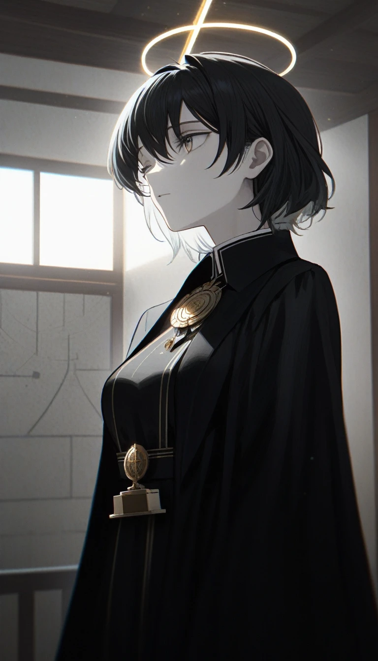 One poor girl, Pray to God at midnight, In an abandoned house, Light from the ceiling, Wearing a black robe, Taste of my sister, Small breasts, Waiting for Salvation, Close your eyes, God Bless, (icon), 32k, ((masterpiece, Highest quality, Ultra-detaileded, Very delicate and beautiful)), ((extremely detaileded CG unity 8k wallpaper)), ((Awards, Accurate, Ultra-high resolution, Textured skin, chromatic aberration, perfection anatomy, Golden Ratio)), (Concept Art), (exquisite attention to detailed), ((perfection_composition, perfection_design, perfection_Layout, perfection_detailed, Ultra_detaileded)), ((The harmony of beauty))