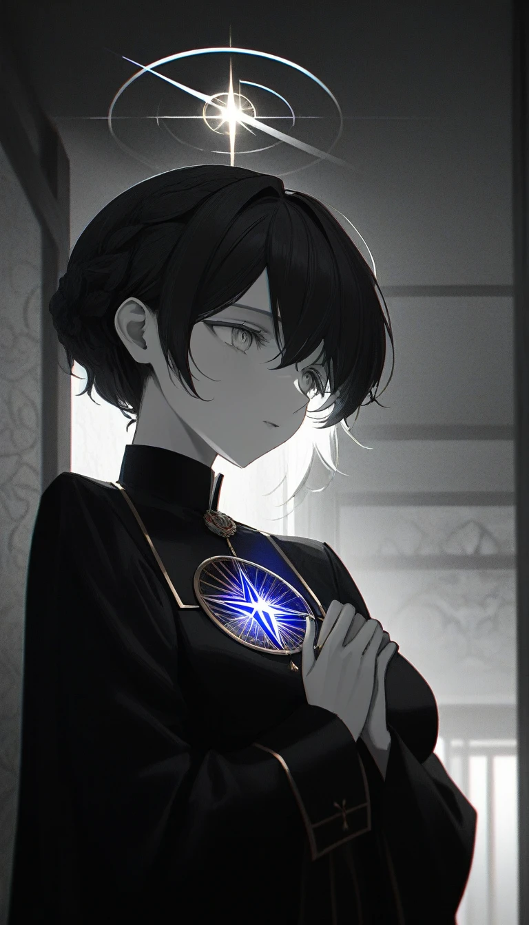 One poor girl, Pray to God at midnight, In an abandoned house, Light from the ceiling, Wearing a black robe, Taste of my sister, Small breasts, Waiting for Salvation, Close your eyes, God Bless, (icon), 32k, ((masterpiece, Highest quality, Ultra-detaileded, Very delicate and beautiful)), ((extremely detaileded CG unity 8k wallpaper)), ((Awards, Accurate, Ultra-high resolution, Textured skin, chromatic aberration, perfection anatomy, Golden Ratio)), (Concept Art), (exquisite attention to detailed), ((perfection_composition, perfection_design, perfection_Layout, perfection_detailed, Ultra_detaileded)), ((The harmony of beauty))