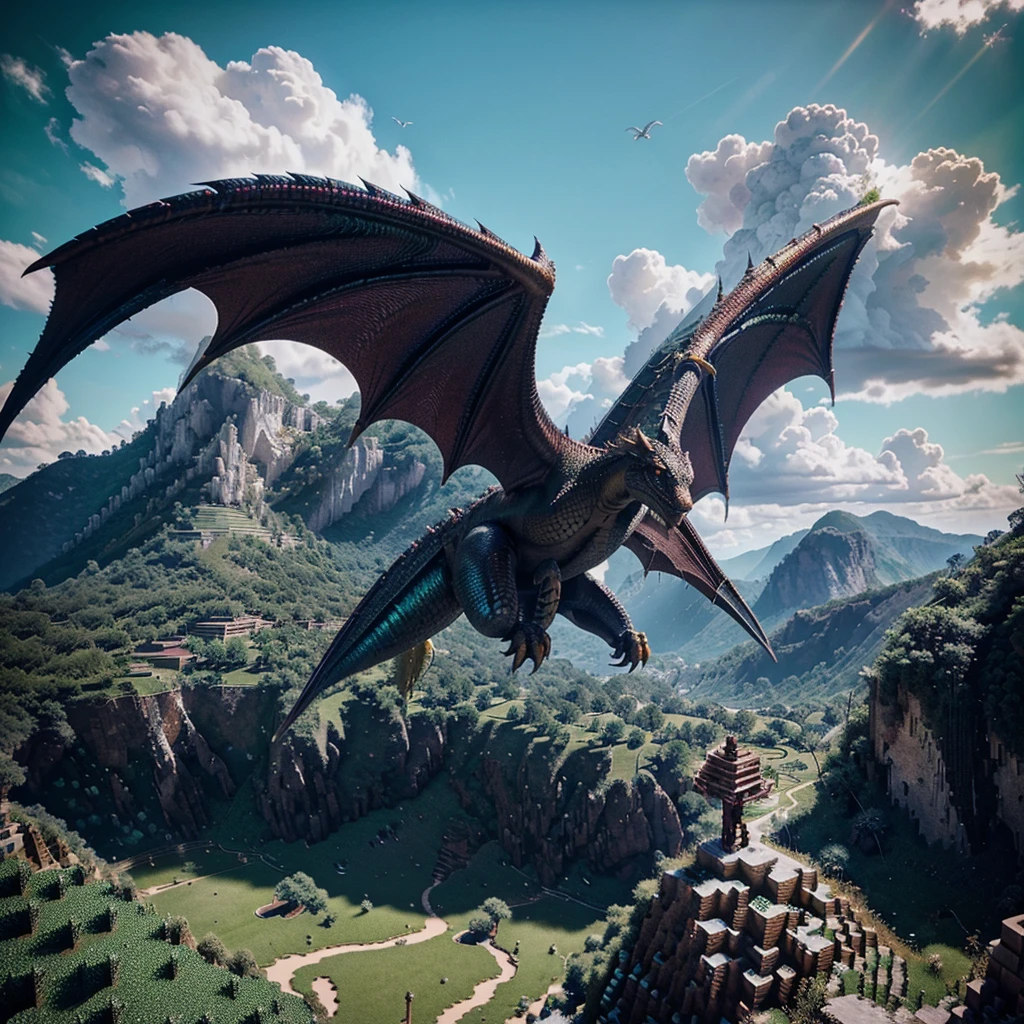 a magnificent and majestic dragon flying in a beautiful Minecraft landscape, detailed dragon scales, intricate wing structures, powerful claws, iridescent colors, dramatic lighting, volumetric clouds, lush vegetation, photorealistic, cinematic composition, epic fantasy, vibrant colors