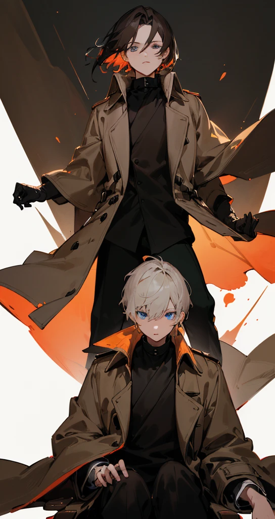 Boy1 oil painting, Short gray hair, bangs on the forehead, eyes behind the bangs, Blue eyes, Wearing a dark brown coat, wearing a black shirt with a long collar shirt covering the neck (blank white background) Half body character image (sitting pose, eyes looking in the other direction) hair blowing in the wind to the left side, Wearing a brown coat, wearing a black shirt, half body character, Narrow eyes, very short hair, white background, (perfect brown coat) The perfect black shirt