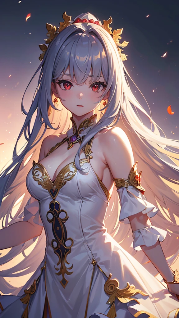 (Highly detailed CG 8k wallpaper, masterpiece, Highest quality, Super detailed), (Better lighting, Better Shadows, Very delicate and beautiful), floating, High saturation, Dynamic Angle, ((One girl)), nice, Ningguang City(Orchid Evening Dress) Gray Hair, Red eyes, Very long hair, hair ornaments, bangs、Ultra-realistic
