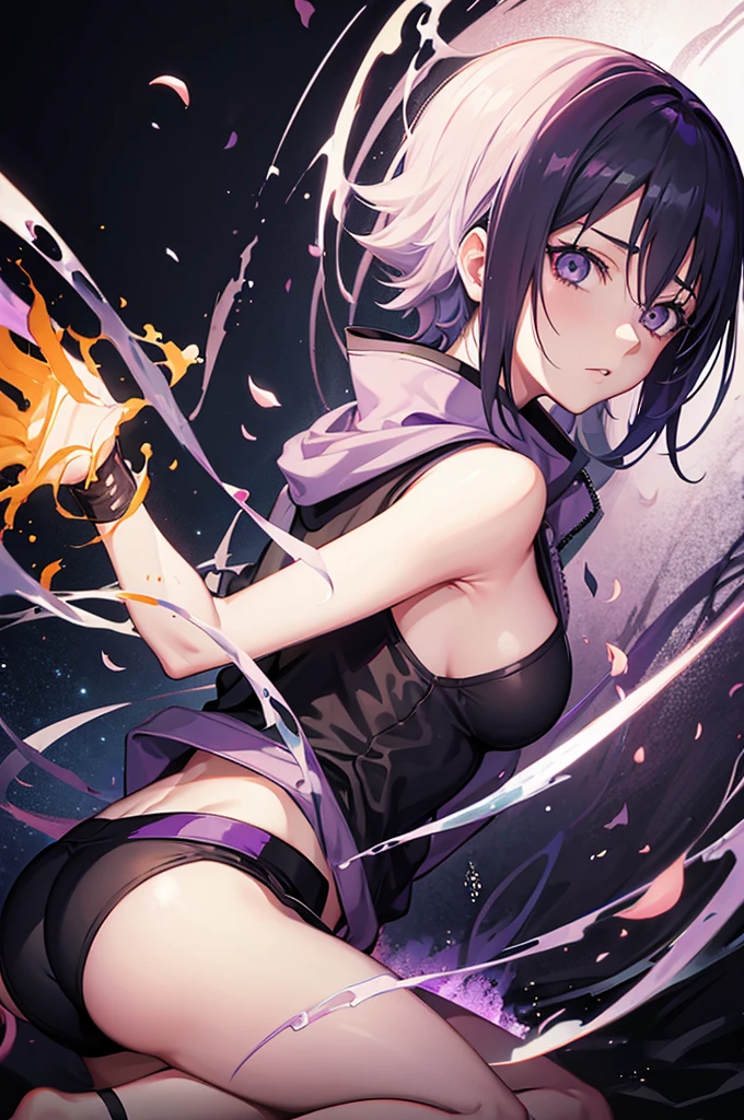 naruto anime, hinata, high resolution, black backdrop, serious hinata, purple image details,
