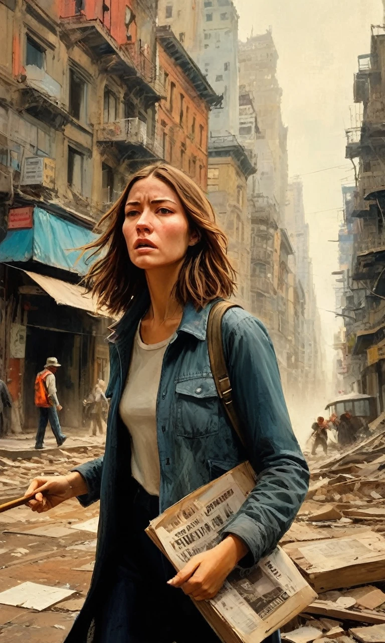 In the chaotic cityscape, a young woman emerges, navigating the crumbling streets. Determined yet fearful, she clutches a worn photograph, a reminder of what she fights for. Dust-covered and resolute, she moves through the panicked crowd. The artist's brush captures her emotions, from her furrowed brow to her determined jaw. The vibrant colors and expressive strokes bring her struggle to life. As the city crumbles, she stands as a beacon of hope, unwavering amidst the chaos.