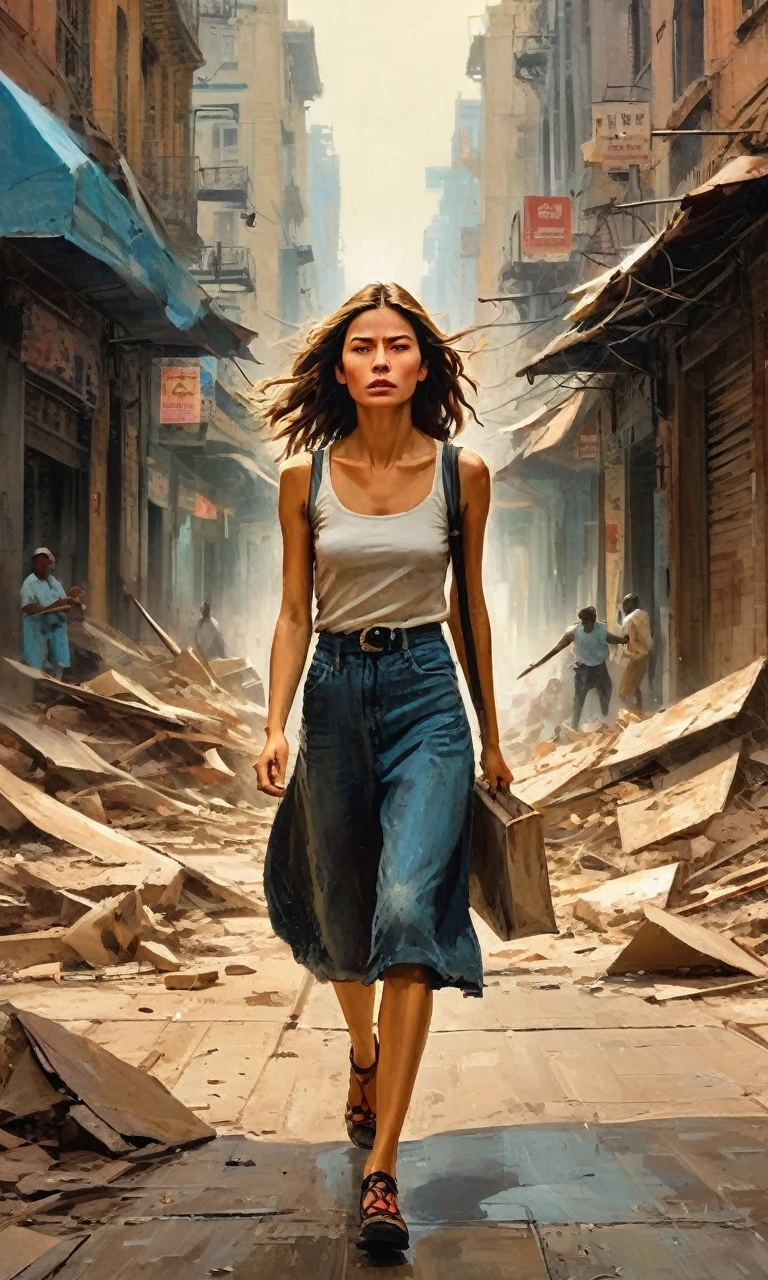 In the chaotic cityscape, a young woman emerges, navigating the crumbling streets. Determined yet fearful, she clutches a worn photograph, a reminder of what she fights for. Dust-covered and resolute, she moves through the panicked crowd. The artist's brush captures her emotions, from her furrowed brow to her determined jaw. The vibrant colors and expressive strokes bring her struggle to life. As the city crumbles, she stands as a beacon of hope, unwavering amidst the chaos.