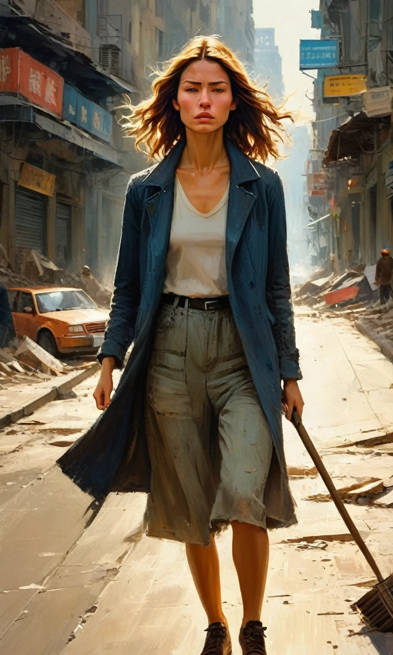 In the chaotic cityscape, a young woman emerges, navigating the crumbling streets. Determined yet fearful, she clutches a worn photograph, a reminder of what she fights for. Dust-covered and resolute, she moves through the panicked crowd. The artist's brush captures her emotions, from her furrowed brow to her determined jaw. The vibrant colors and expressive strokes bring her struggle to life. As the city crumbles, she stands as a beacon of hope, unwavering amidst the chaos.