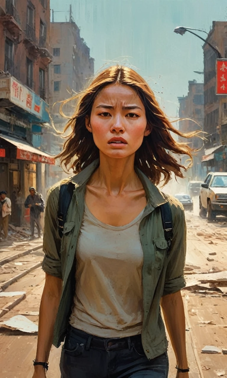 In the chaotic cityscape, a young woman emerges, navigating the crumbling streets. Determined yet fearful, she clutches a worn photograph, a reminder of what she fights for. Dust-covered and resolute, she moves through the panicked crowd. The artist's brush captures her emotions, from her furrowed brow to her determined jaw. The vibrant colors and expressive strokes bring her struggle to life. As the city crumbles, she stands as a beacon of hope, unwavering amidst the chaos.