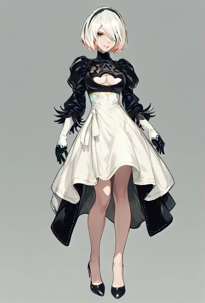 yorha 2B, Nier automata, (no visor), mature woman, white hair, mature body, looking at viewer, front view, close view, white dress, full body