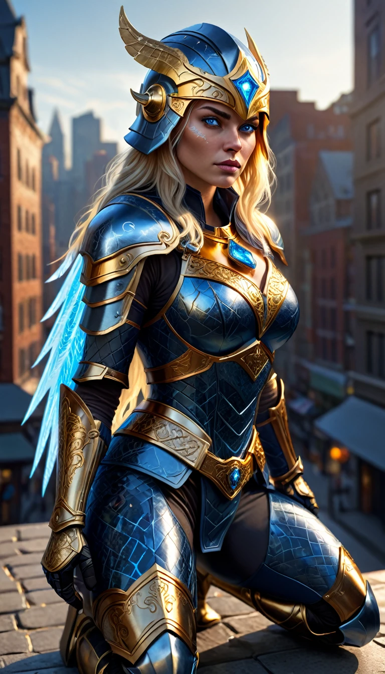 a full body shot of a woman kneeling on the ledge of a roof looking down at a city. A blonde woman, (glowing blue eyes), pretty face, full face, medium length straight hair over one shoulder. she wears shiny dark blue armor with gold trim (deep v-neck and exposed cleavage, bare chest:1.4), (large breasts:1.3), Natural skin texture, detailed skin. City scape background. , hex pattern on armor, intricate runes carved on armor, (reflective surface), and a (Norse helmet with wings on the side covers her head:1.3), intricate details, armored glove, (left glove is gold with gemstones and runes). a stern expression on her face. (highres:1.3) (4k,8k,best quality, masterpiece), full-body image, volumetric lighting, lens flare. Show her with one arm resting on her knee, head tipping down to look at the busy street. People and cars fill the street below.