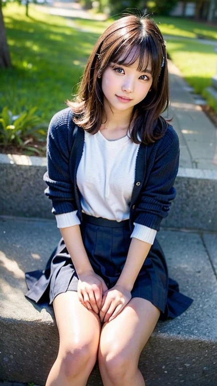 (Realistic, photo Realistic:1.2), ((Highest quality)), ((Detailed eyes、Beautiful Eyes、Fine Eyes))、Take off your jacket、Realign the center of gravity of curly hair, Quite embarrassing, Tight Skirt,  (Pull-up skirt:1.3), Black Penny Loafers, Beautiful face details, Real human skin, Gentle expression, angle from below, Realistic, photoRealistic, cute, Short skirt,  deep on school grounds, cute school girl, Japan