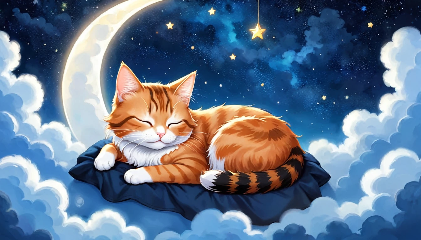 Highly detailed and realistic digital painting of a cat with its eyes closed, sleeping peacefully on a fluffy cloud. In the night sky are twinkling stars and a large shining crescent moon. The background is dark in various shades of blue and black and features scattered stars and small clouds. The cat's fur is vividly rendered in shades of orange and white, gently reflecting the moonlight. The overall mood should be calm and dreamy, capturing the essence of a peaceful night.