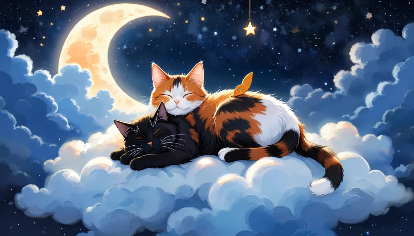 Highly detailed and realistic digital painting of a cat with its eyes closed, sleeping peacefully on a fluffy cloud. In the night sky are twinkling stars and a large shining crescent moon. The background is dark in various shades of blue and black and features scattered stars and small clouds. The cat's fur is vividly rendered in shades of orange and white, gently reflecting the moonlight. The overall mood should be calm and dreamy, capturing the essence of a peaceful night.