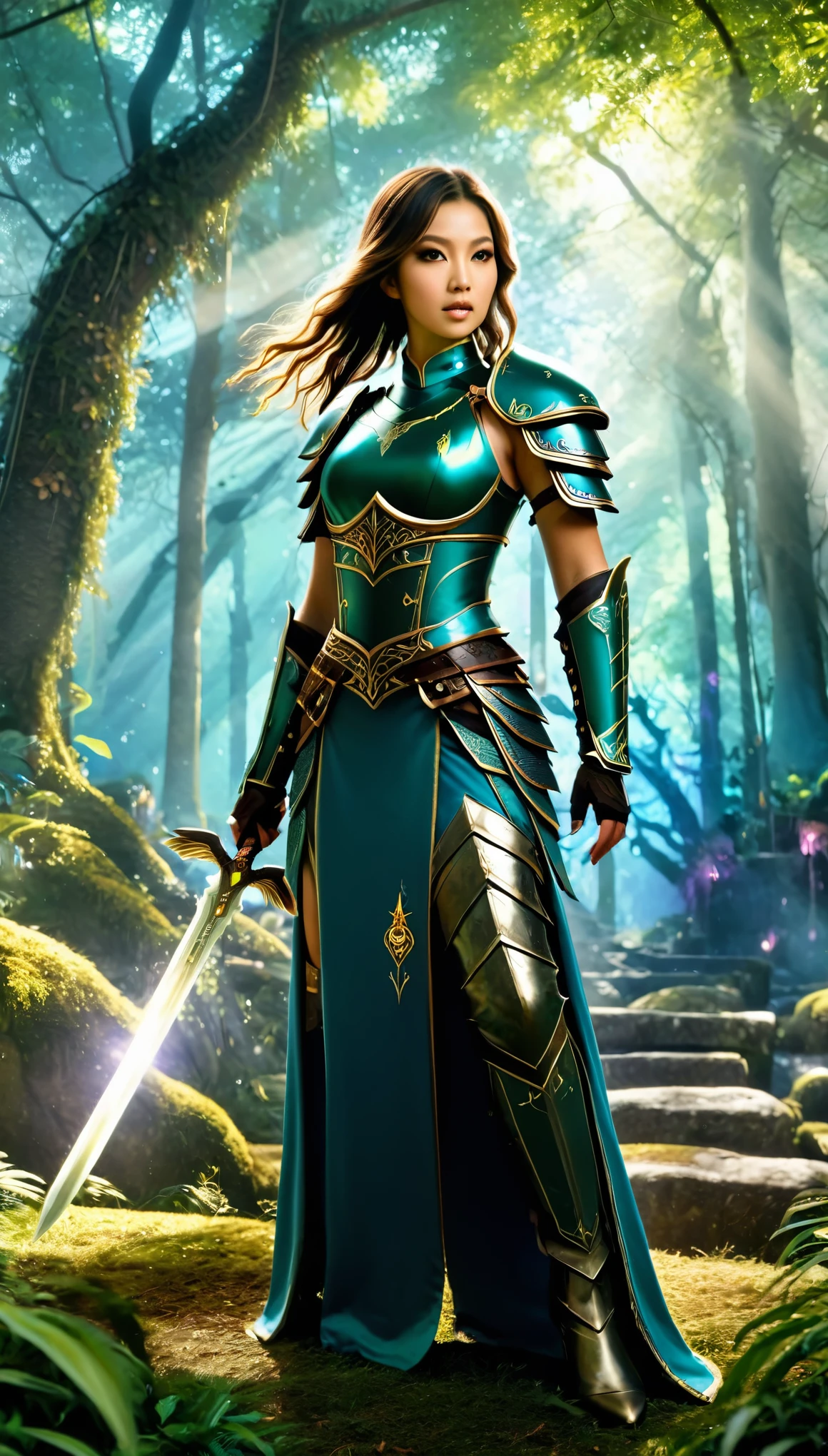 An highly detailed ultra realistic photo style of a girl in a fantasy-themed cheongsam armor. The dress has metallic accents and a high slit, revealing her combat boots. She holds a glowing sword, and her hair flows wildly. The background is a mystical forest with magical creatures and glowing flora
