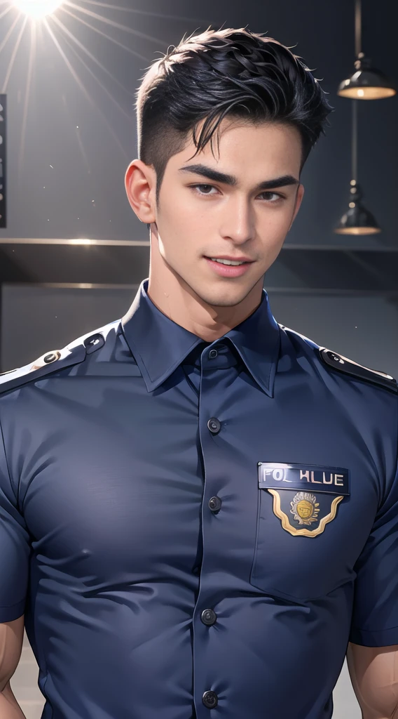 handsome man Lying down next to the stage ,(crew cut short hair:1.2),black eye,smile,open mouth (navy police uniform:1.2),(shirt short sleeves:1.2),collar,(shirt covered over:1.2),(name tag and Police badge:1.3),(shirt no buttons:1.1),(black_gloves:1.3), (Navy blue cargo:1.2),Korean guy,korean men,(High gloss details),(chest muscles:1.2),(large arm muscles:1.2),blood vessel,Big muscles,Broad shoulders,looking at the audience,Balancing the eyes,middle of the road,(stage:1.2),