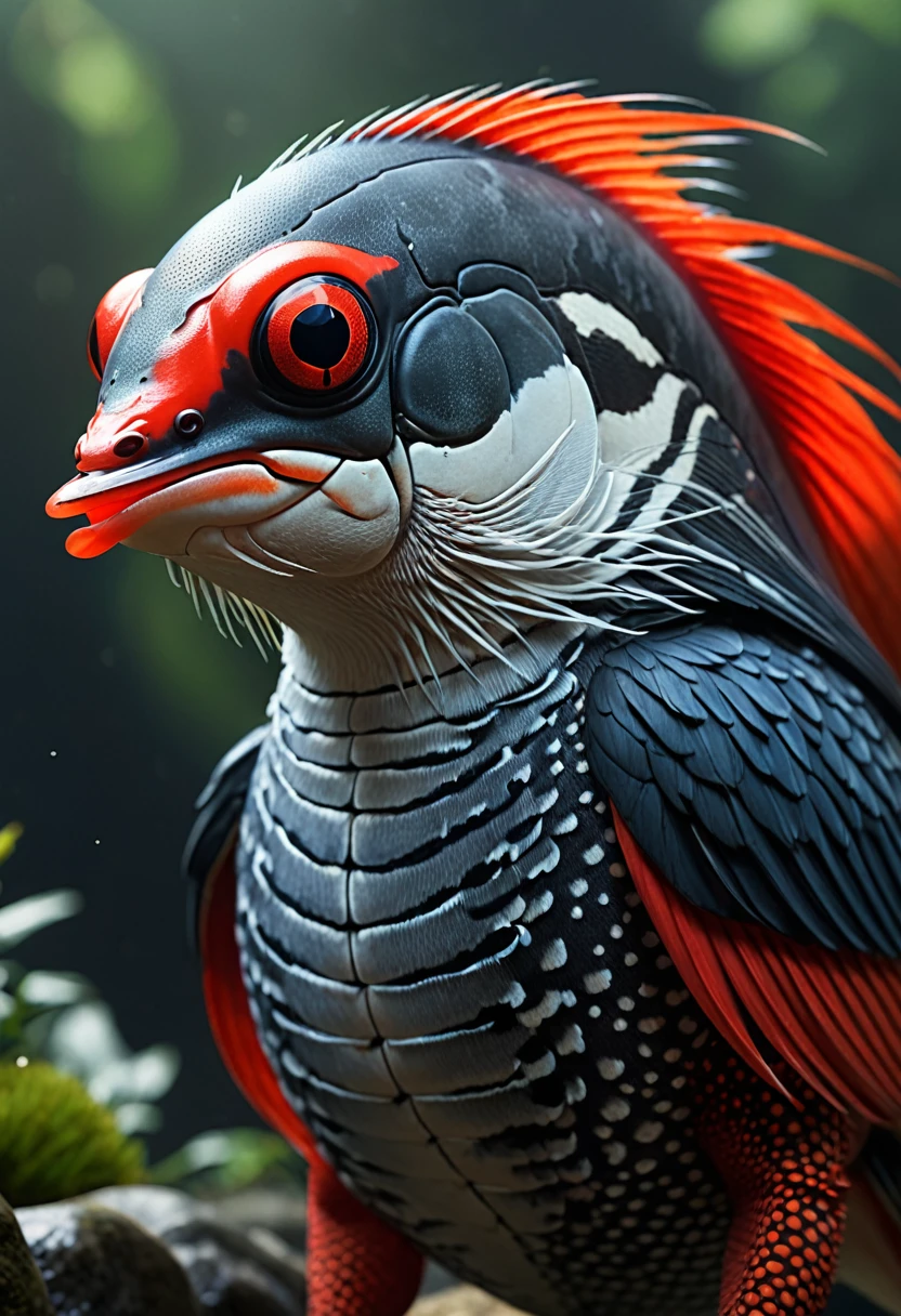 Panorama,河里有一种Mysterious Creatures,It has a human head and a red fish body.,Mysterious Creatures, shrike, (best quality,4K,8K,High level,masterpiece:1.2),Ultra Detailed,(lifelike,Photo real,Photo real:1.37),Highly detailed animals,Complex patterns,Realistic lighting,Fantasy Creatures
