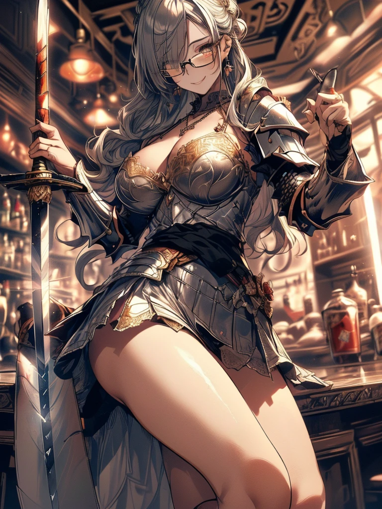 (Highest quality, masterpiece), (Ultra-high resolution, 8k RAW photos, Photorealistic:1.5, Cinema Lighting, Fabric Shading, Thin contours, Clear focus:1.2), Beautiful mature woman, Leaning forward, Long legs, Gray Hair, (Wearing thin glasses:1.5), (Mature Woman:1.5, 28 years old, alone), (1 female:1.6), (Large Breasts, Saggy breasts, big , Tight waist), whole bodyesbian, (medium short Gray Hair, Hair on one eye, (Updo:1.2), Side Lock, Asymmetrical Hair, Wavy Hair), (thin and bright pupils, Highlighted, detailed eyes:1.3, A face with attention to detail, perfect face shape, Bloodshot eyes), (A seductive smile, Half-close your eyes:1.2), (Looking at the audience:1.3), (Dutch Angle, whole body:0.5, From below:1.5), ((Correct Anatomy:1.5, The right move)), (Ideal body proportions),(((Fluttering lace flared mini skirt, Sexy silver armor with attention to detail:1.5、red and black boots、Silver Helmet、Silver Gauntlets、Jeweled、Gold decoration)))、Slender、(Thighs Thighs Thighs Thighs:0.8)、(At the bar、Artistic stained glass、Hello Point、Mysterious、Particles of light、Solemn、Nikko is、colorful、Fantastic:1.2)、(Fantastic:1.3)、(Knight with a sword:1.8)、Cross Necklace:1.2
