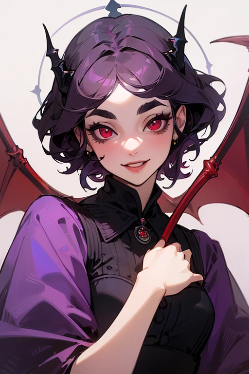 (Highest quality, masterpiece:1.2), High resolution, Very detailed, Realistic:1.37, Fantasy, An illustration, Red eyes, Queen, Purple Dress.Platinum decoration、beautifully、Eyeshadow Red、Thick eyebrows、Long eyelashes、pupils are black、Short hair、Smiling with teeth showing、Dracula's Castle、