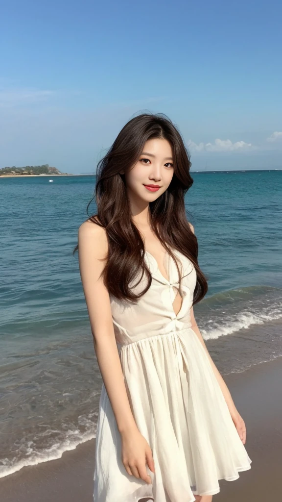 arafed woman in a white dress standing on a beach, beautiful Korean women, bae suzy, Gorgeous young Korean woman, Asian girl with long hair, Beautiful young Korean woman, jaeyeon nam, Brown hair long, With long hair, Korean girl, ulzzangs, Long brown wavy hair, waist long hair, appealing long hair, long hair girl