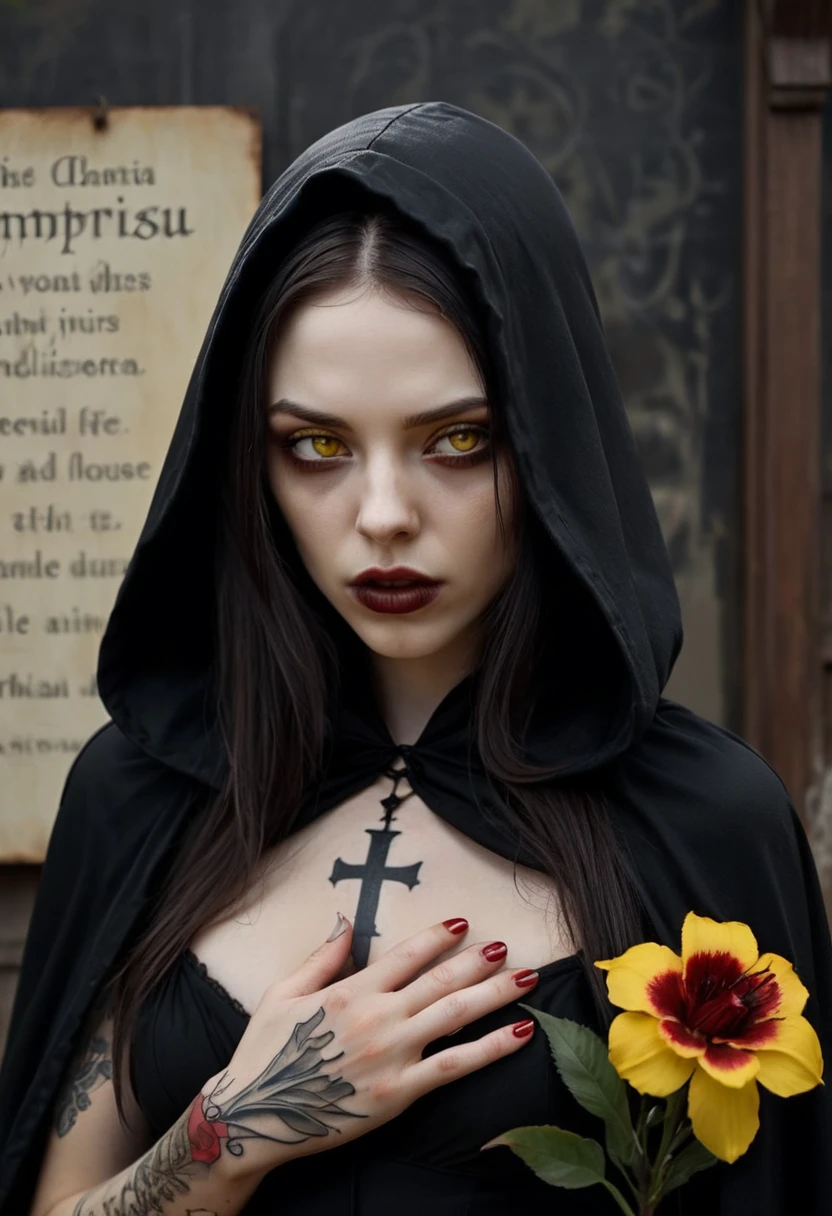 Cassandra has dark brown hair, yellow eyes, very pale, blood around her mouth, she wears a long black dress with hood and a cape. behind his back and a flower tattoo on his forehead with the sign of the House Dimitrescu. [Woman] [Beautiful] [Vampire] [Black dress] [Blood]